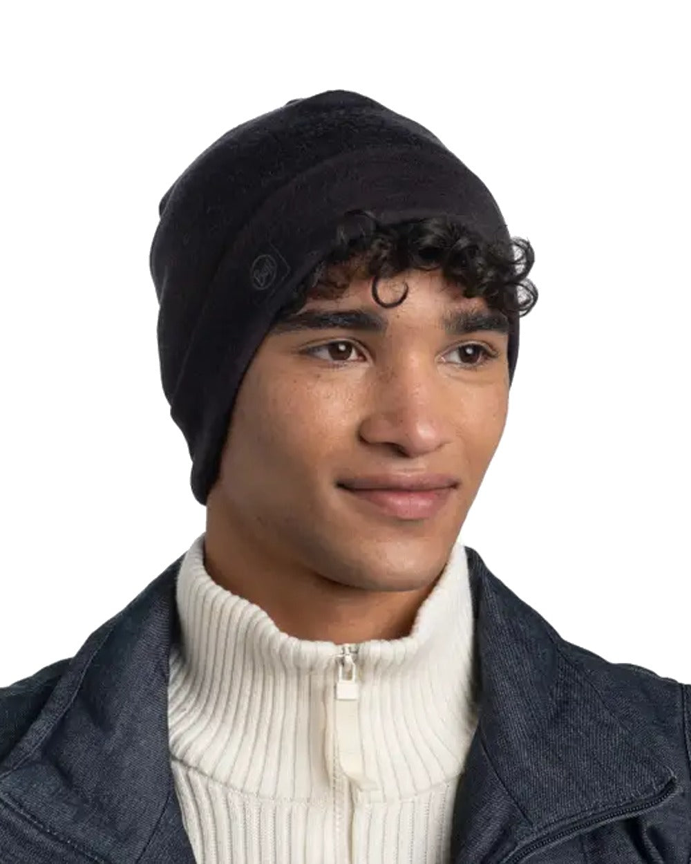 Black Coloured Buff Merino Heavyweight Beanie on white background 