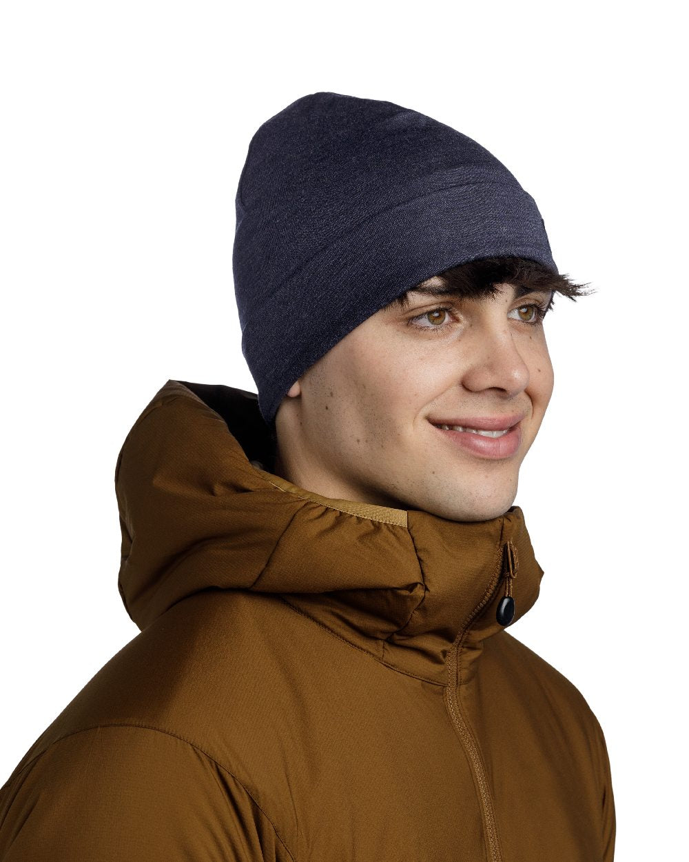 Indigo Coloured Buff Merino Heavyweight Beanie on white background 