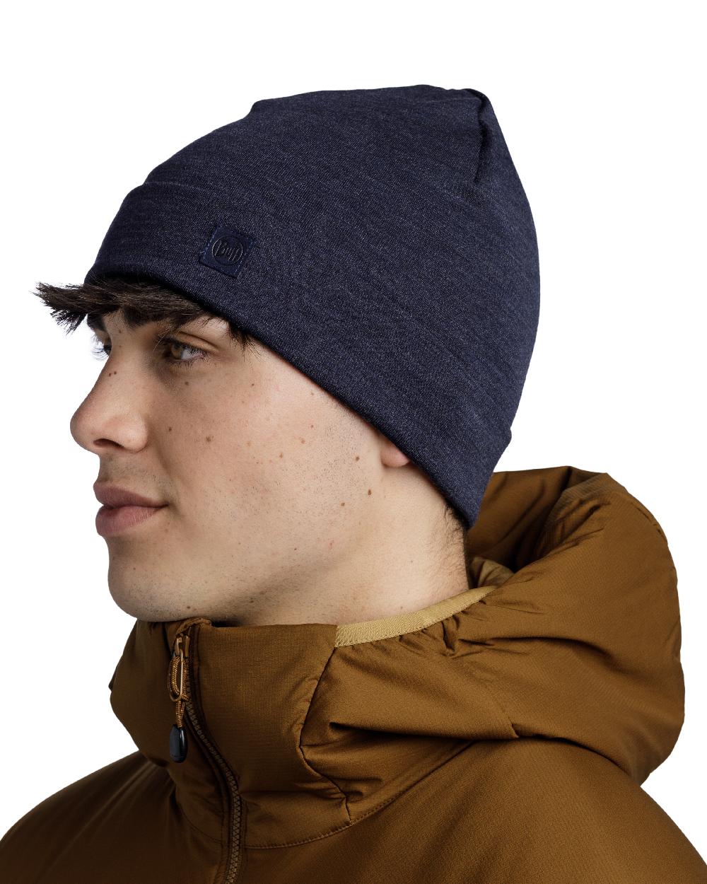 Indigo Coloured Buff Merino Heavyweight Beanie on white background 