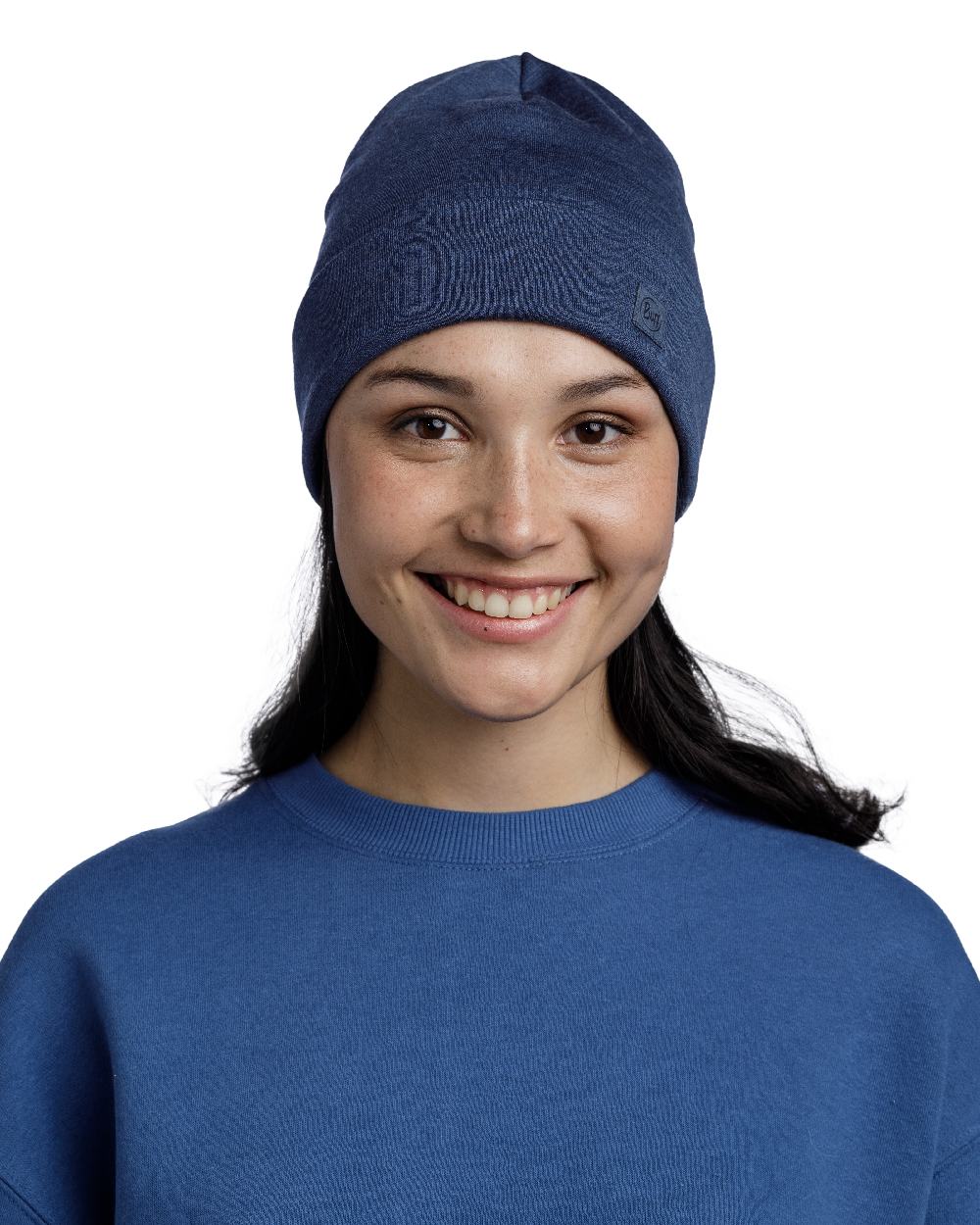 Night Blue Coloured Buff Merino Heavyweight Beanie on white background 