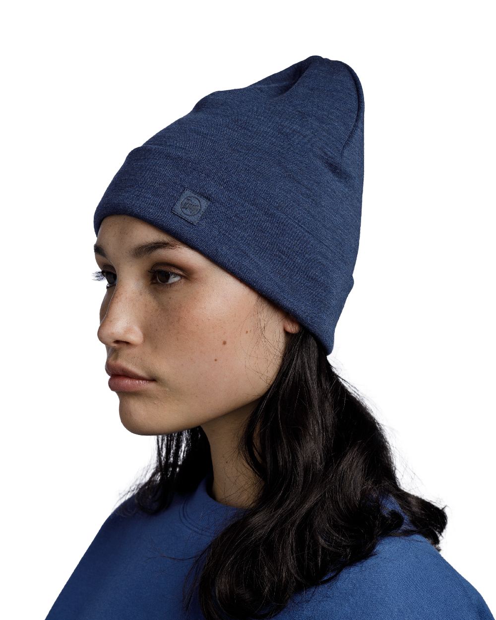 Night Blue Coloured Buff Merino Heavyweight Beanie on white background 