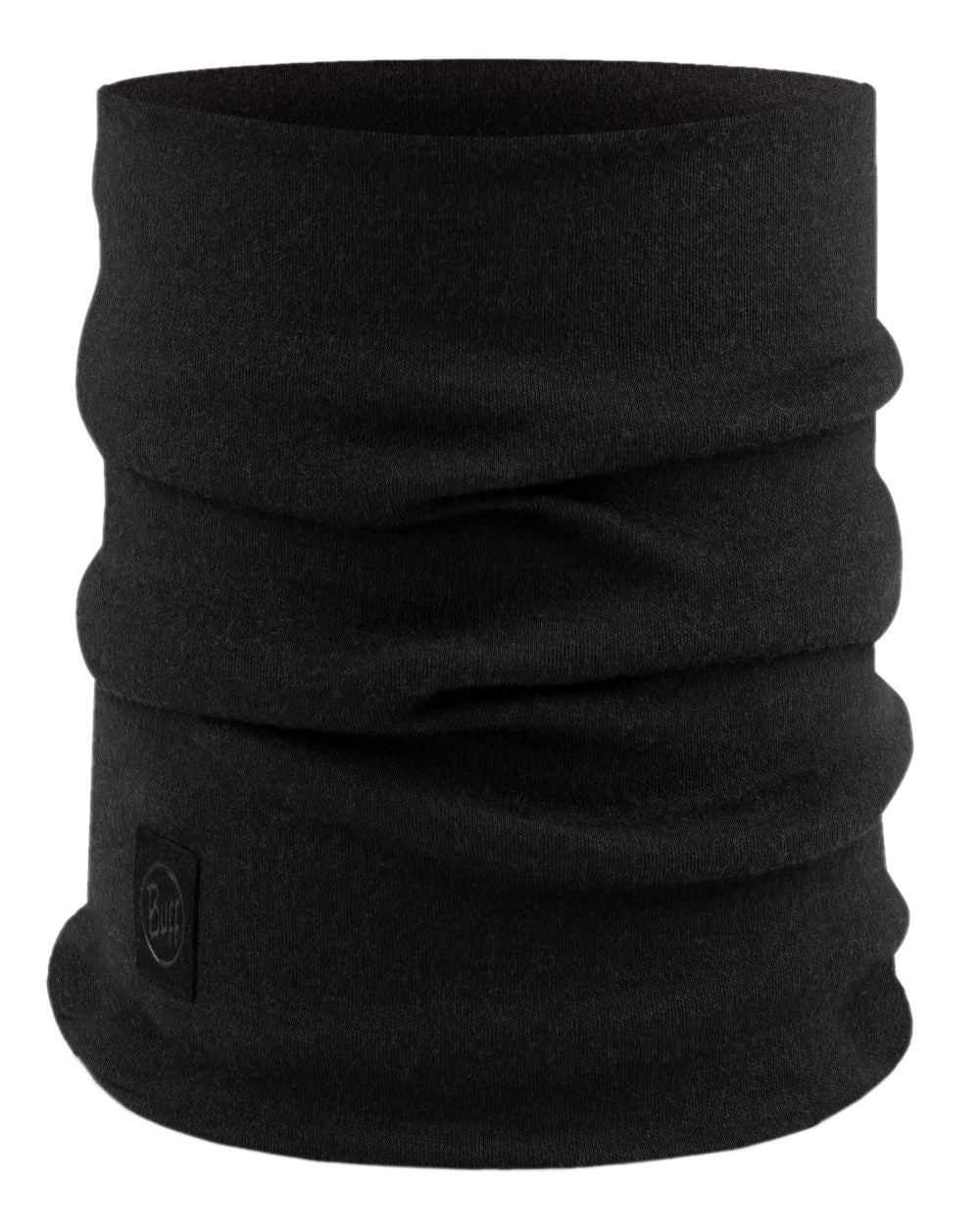 Black Coloured Buff Merino Heavyweight Neck Warmer on white background 
