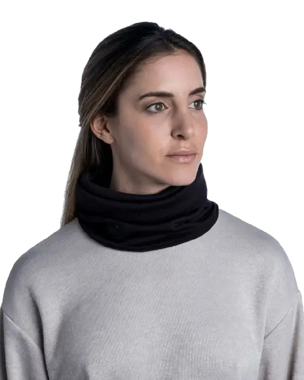Black Coloured Buff Merino Heavyweight Neck Warmer on white background 