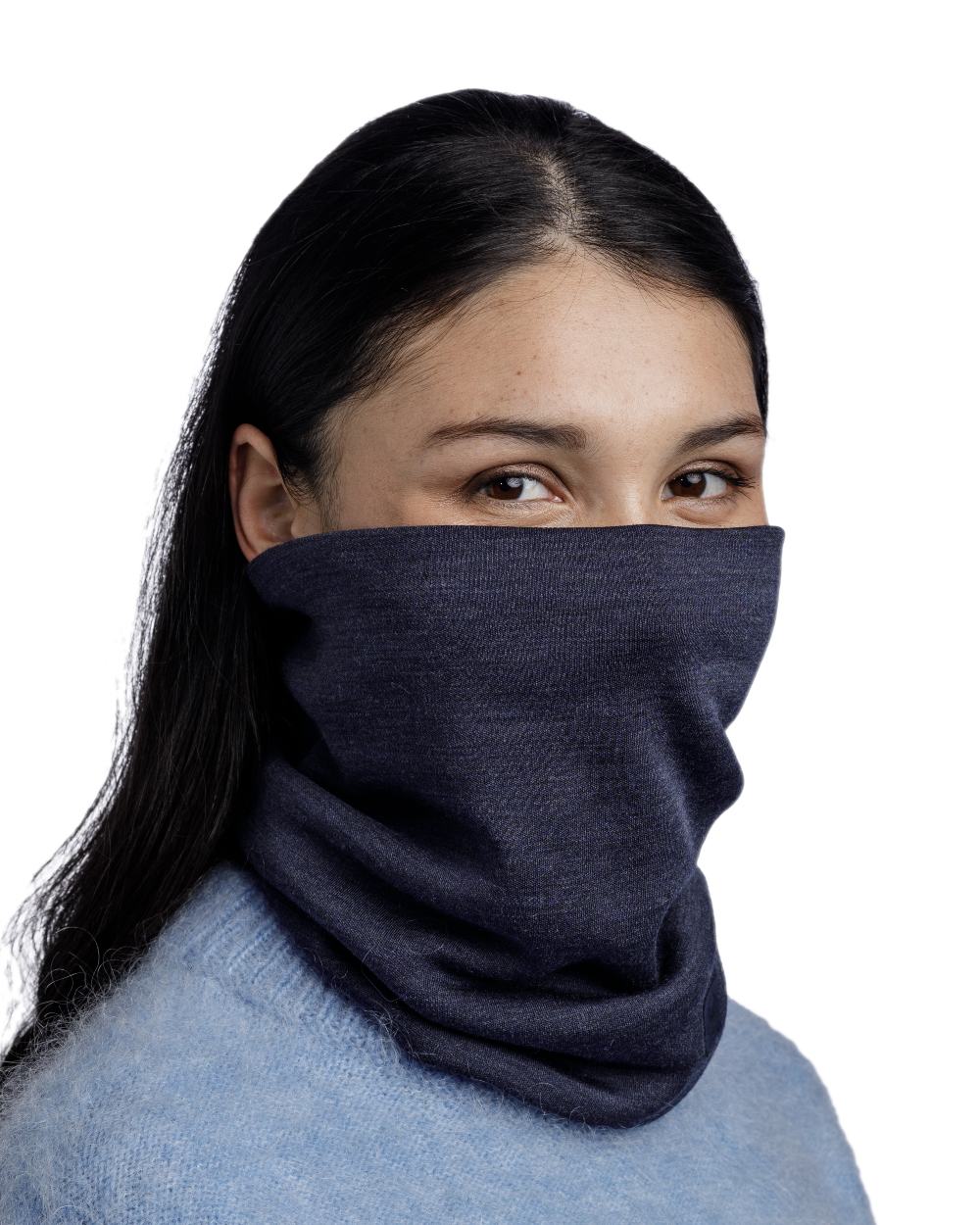 Indigo Coloured Buff Merino Heavyweight Neck Warmer on white background 
