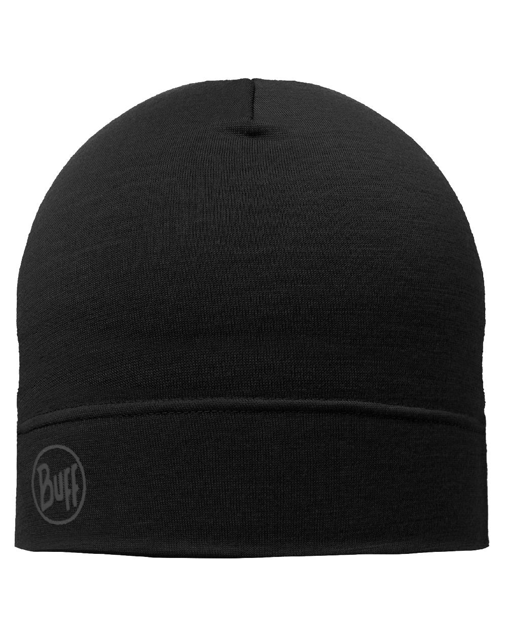 Black Coloured Buff Merino Lightweight Beanie on white background 