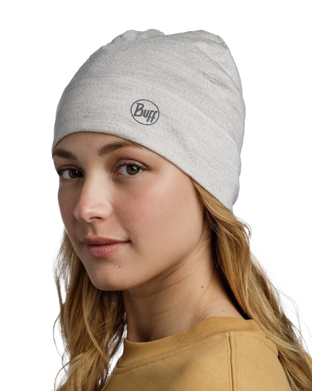 Cloud Coloured Buff Merino Lightweight Beanie on white background 