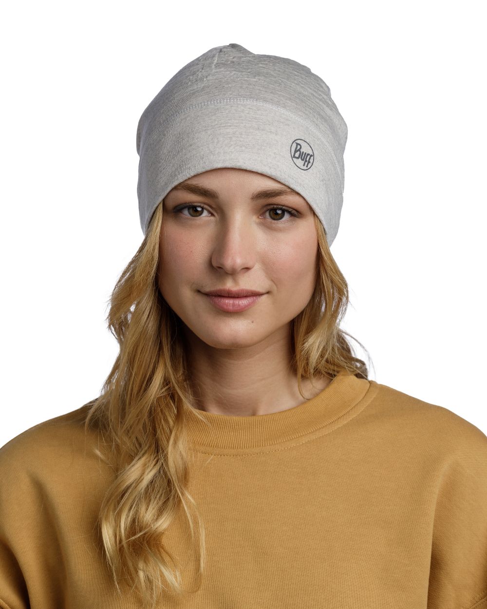 Cloud Coloured Buff Merino Lightweight Beanie on white background 