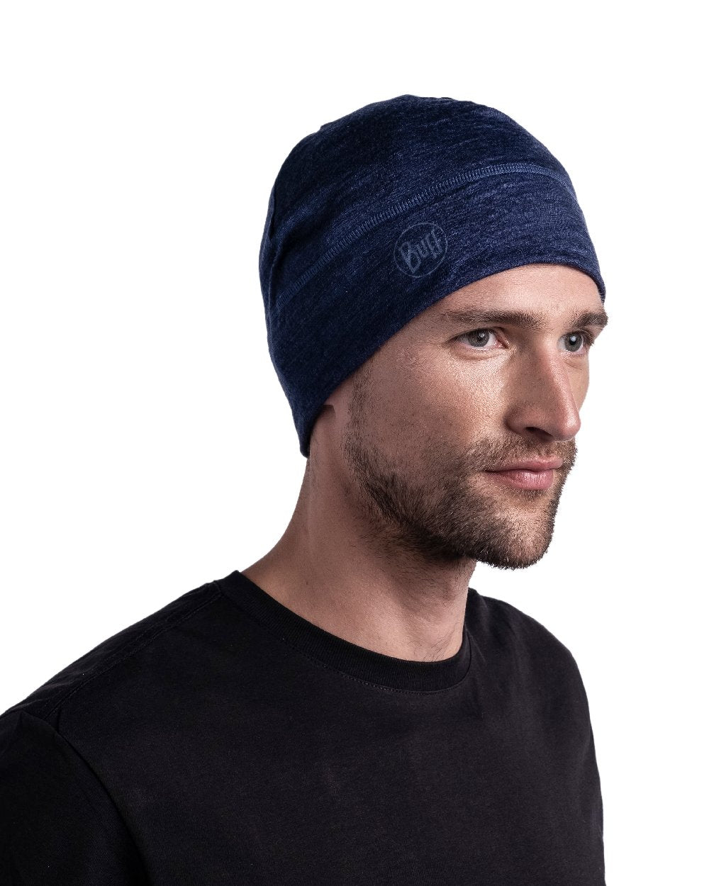 Denim Coloured Buff Merino Lightweight Beanie on white background 
