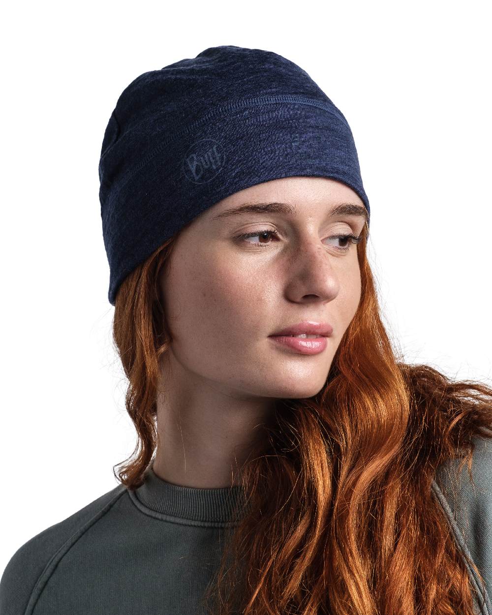 Denim Coloured Buff Merino Lightweight Beanie on white background 