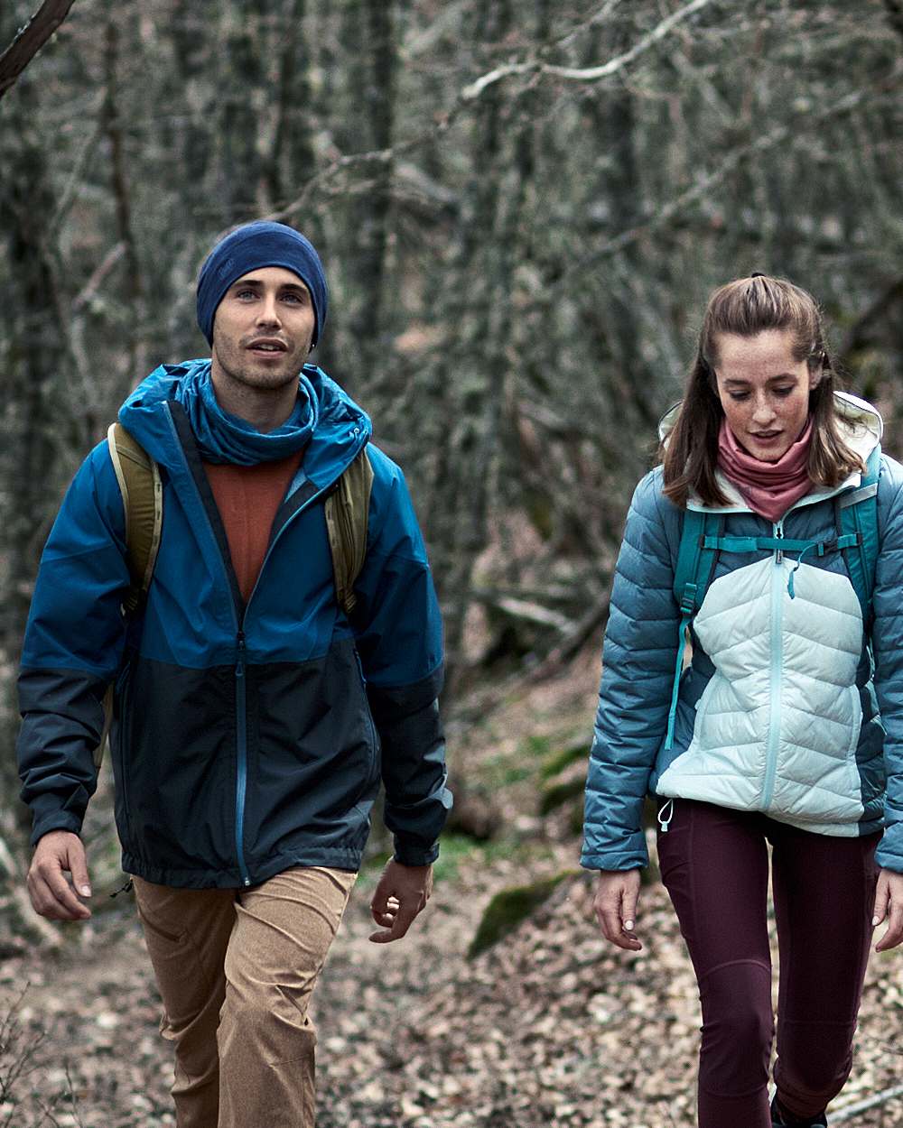 Denim Coloured Buff Merino Lightweight Beanie on forest background 