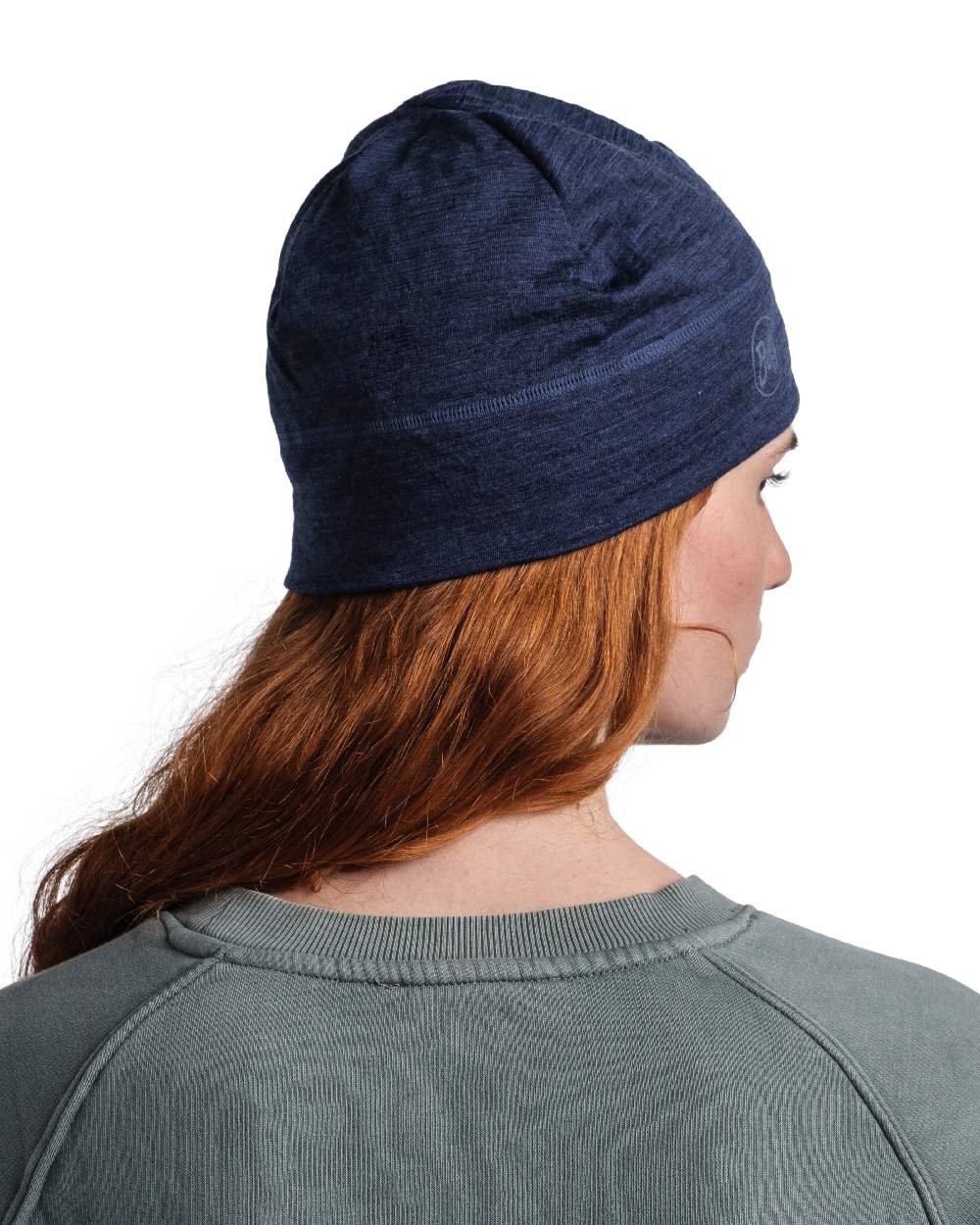 Denim Coloured Buff Merino Lightweight Beanie on white background 