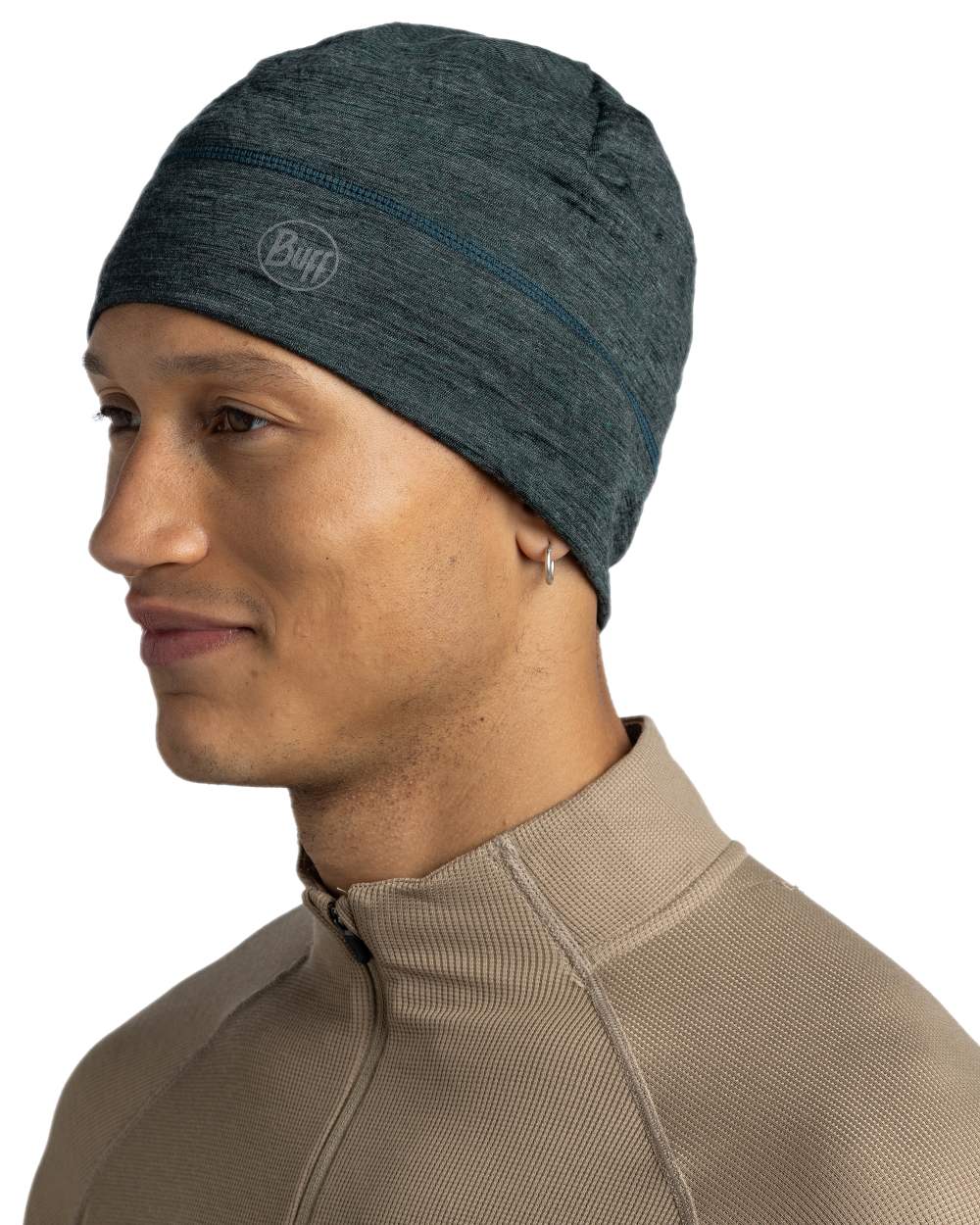 Forest Coloured Buff Merino Lightweight Beanie on white background 