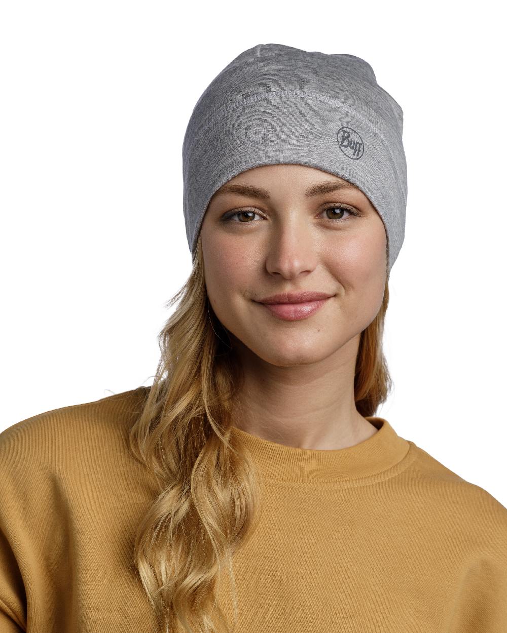 Light Grey Coloured Buff Merino Lightweight Beanie on white background 