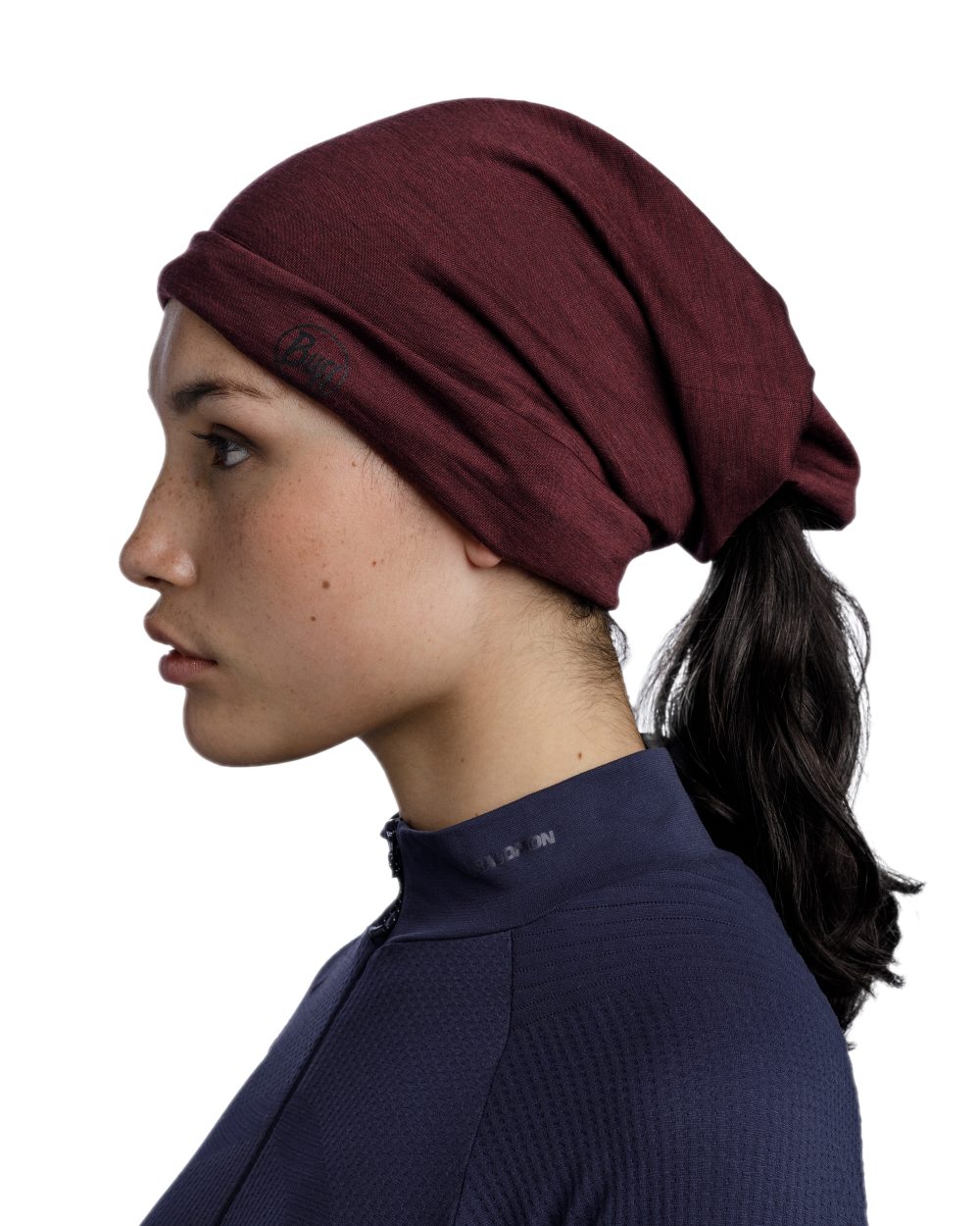Garnet Coloured Buff Merino Lightweight Neck Warmer on white background 