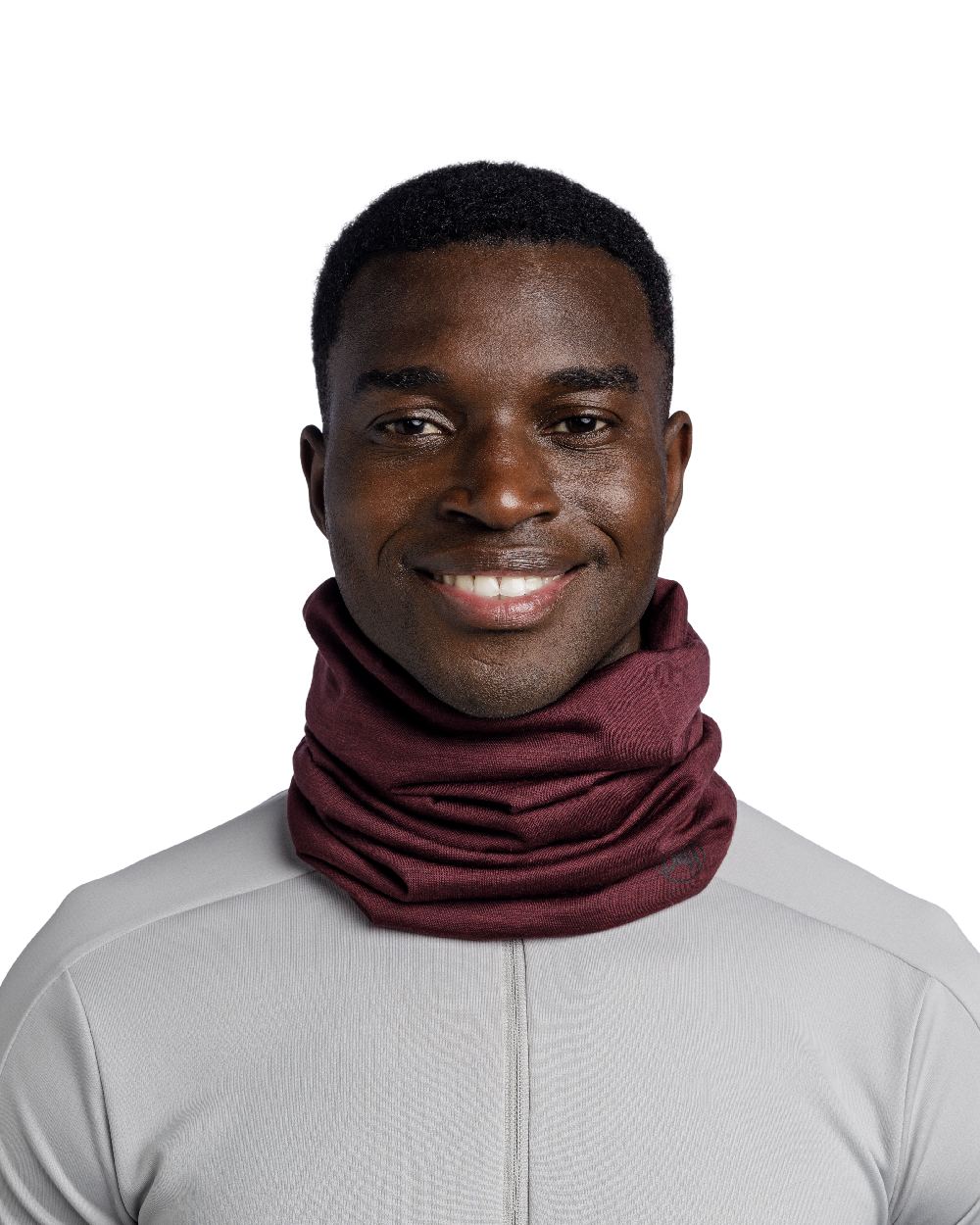 Garnet Coloured Buff Merino Lightweight Neck Warmer on white background 