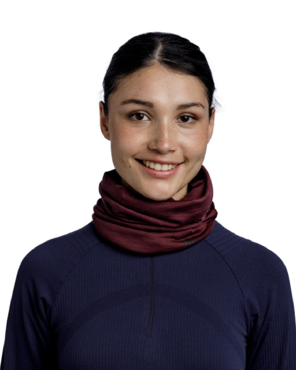 Garnet Coloured Buff Merino Lightweight Neck Warmer on white background 