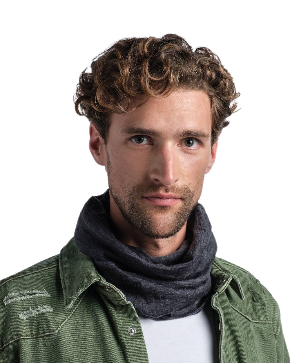 Grey Coloured Buff Merino Lightweight Neck Warmer on white background 