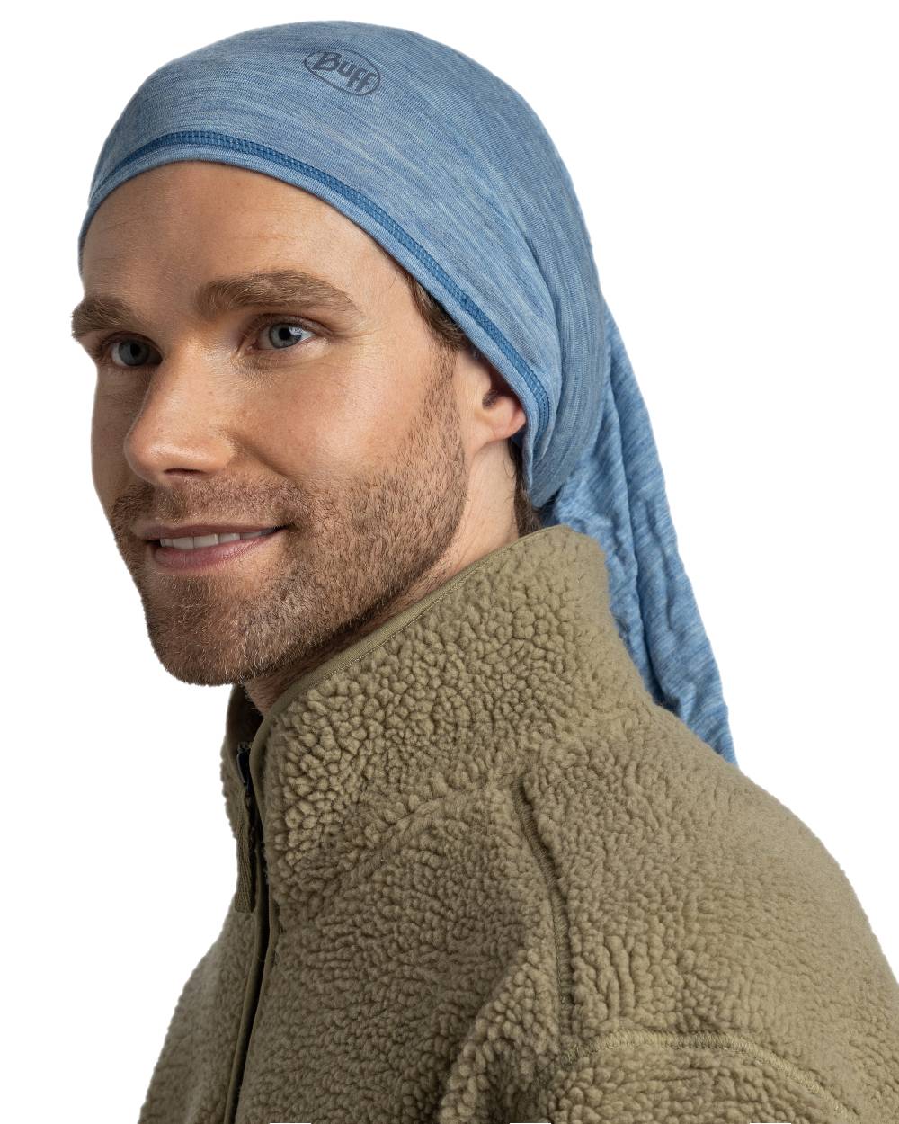 Lake Blue Coloured Buff Merino Lightweight Neck Warmer on white background 