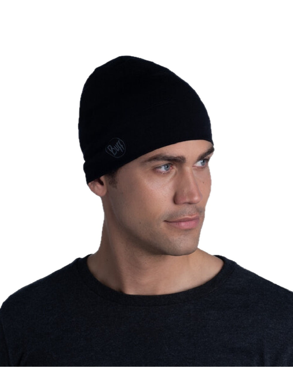 Black Coloured Buff Merino Midweight Beanie on white background 
