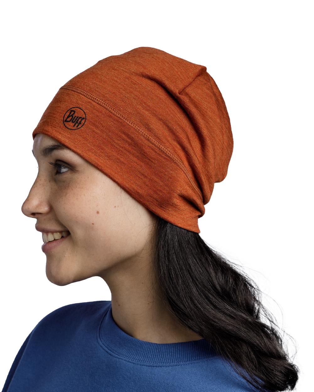 Cinnamon Coloured Buff Merino Midweight Beanie on white background 