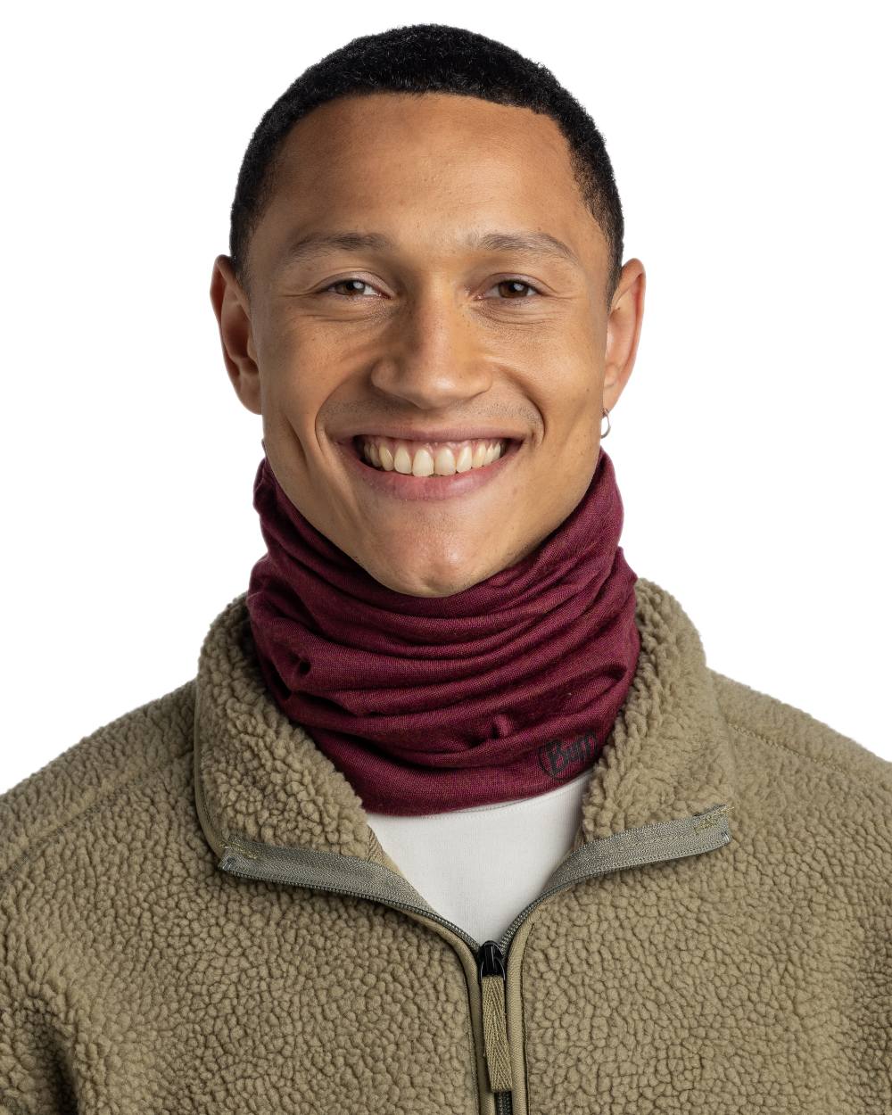 Tibetan Red Coloured Buff Merino Midweight Neckwear on white background 