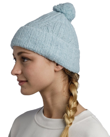 Pool Coloured Buff Nerla Knitted Beanie on white background 