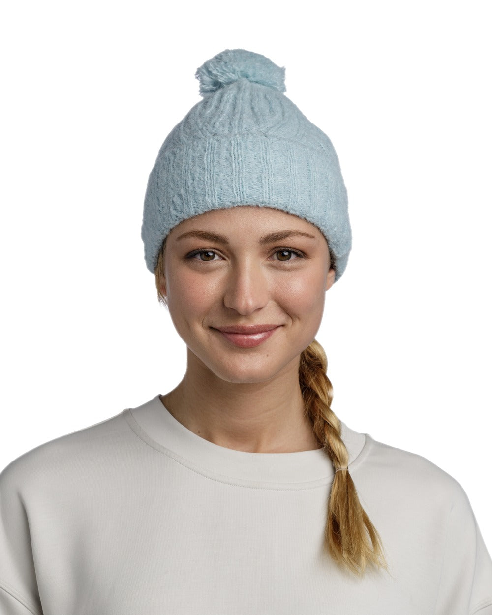 Pool Coloured Buff Nerla Knitted Beanie on white background 