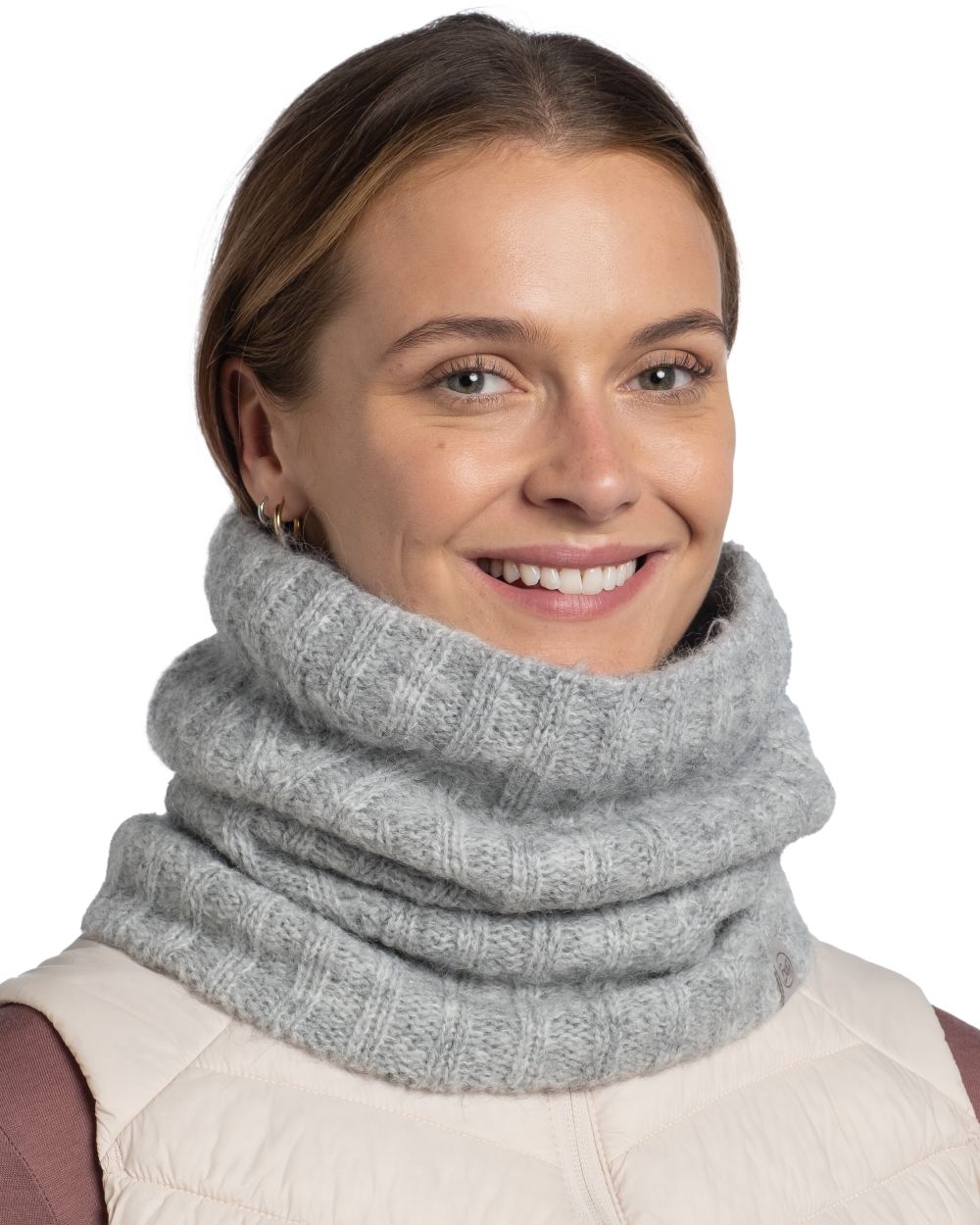 Grey coloured Buff Nerla Knitted Neck Warmer on white background 