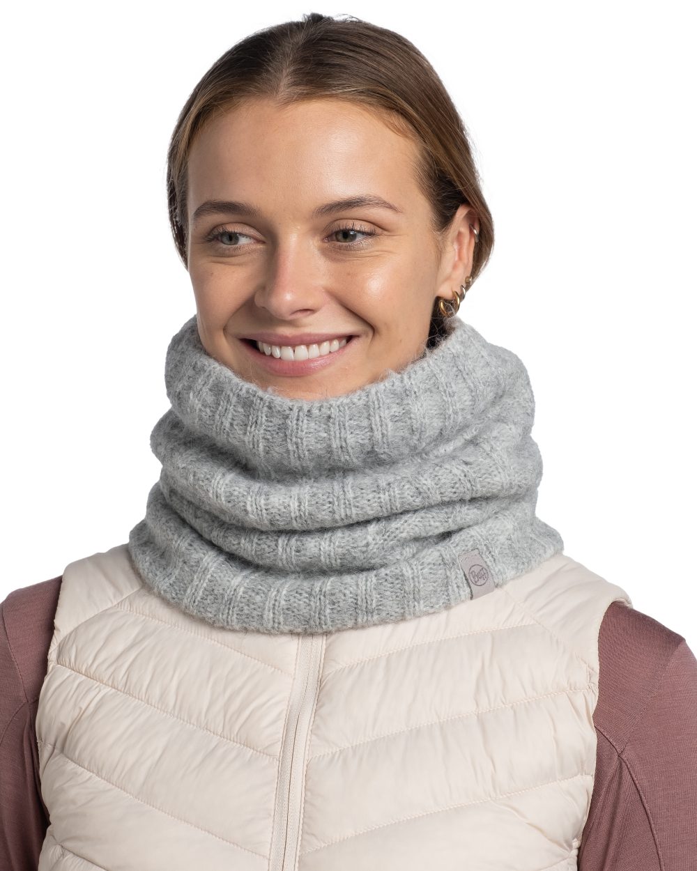 Grey coloured Buff Nerla Knitted Neck Warmer on white background 