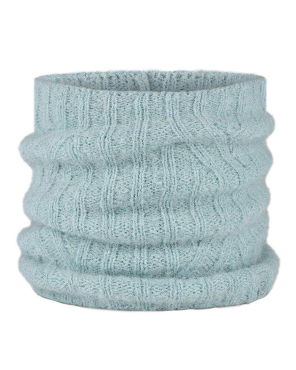 Pool coloured Buff Nerla Knitted Neck Warmer on white background 