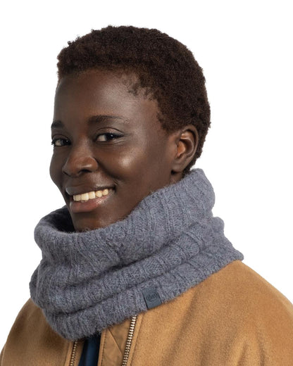 Water coloured Buff Nerla Knitted Neck Warmer on white background 