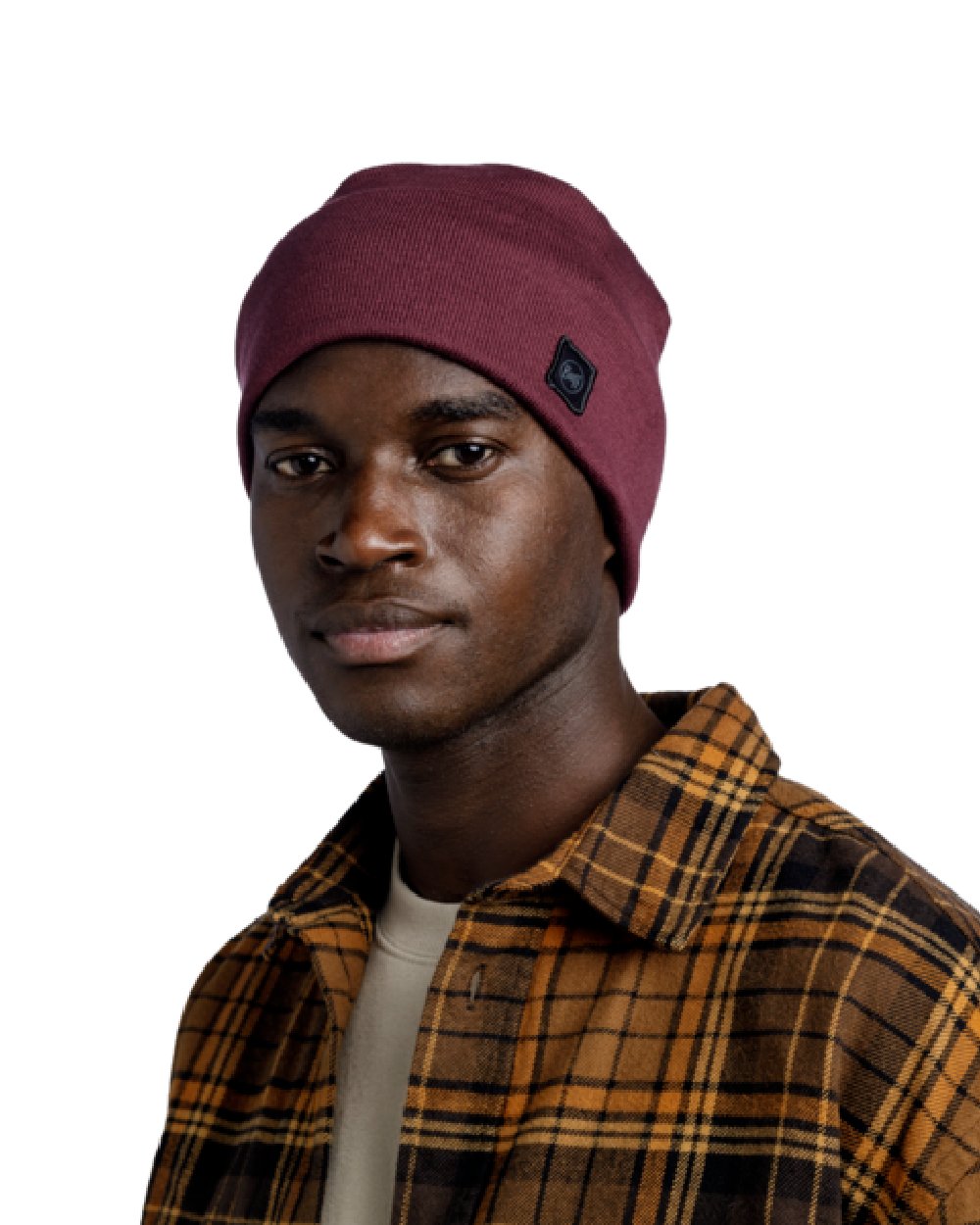 Dahlia Coloured Buff Niels Knitted Beanie on white background 
