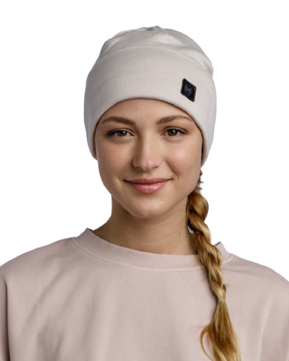 Ice Coloured Buff Niels Knitted Beanie on white background 