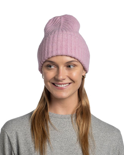 Camelia Coloured Buff Nilah Knitted Beanie on white background 