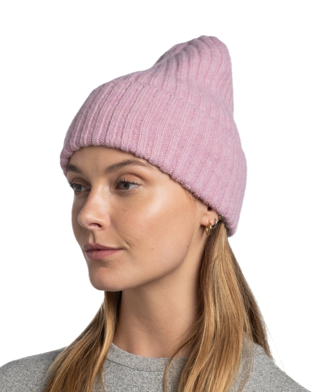 Camellia Coloured Buff Nilah Knitted Beanie on white background 