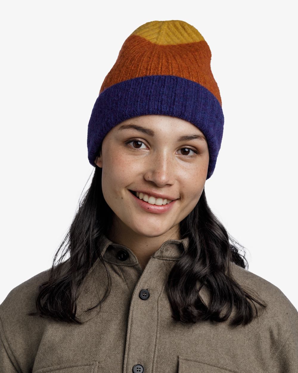 Denim Coloured Buff Nilah Knitted Beanie on white background 