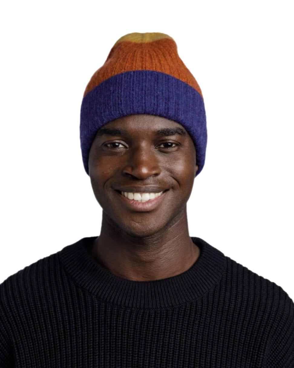 Denim Coloured Buff Nilah Knitted Beanie on white background 