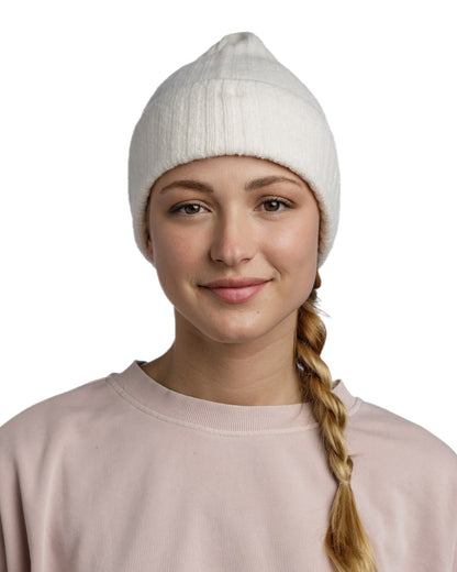 Ice Coloured Buff Nilah Knitted Beanie on white background 