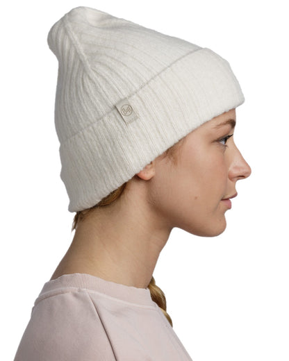 Ice Coloured Buff Nilah Knitted Beanie on white background 