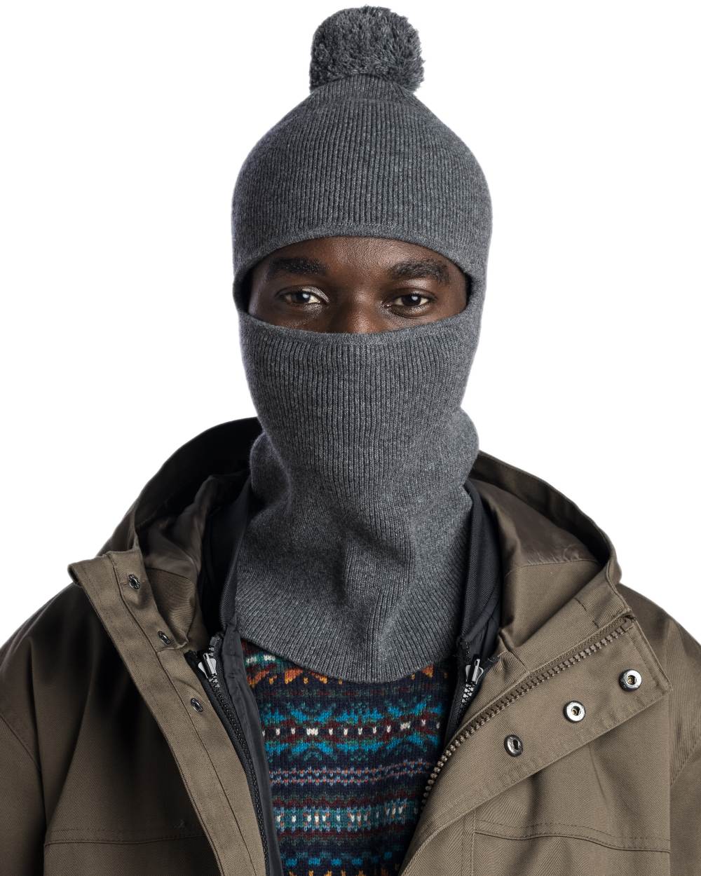 Grey Melange Coloured Buff Nilan Knitted Balaclava on white background 