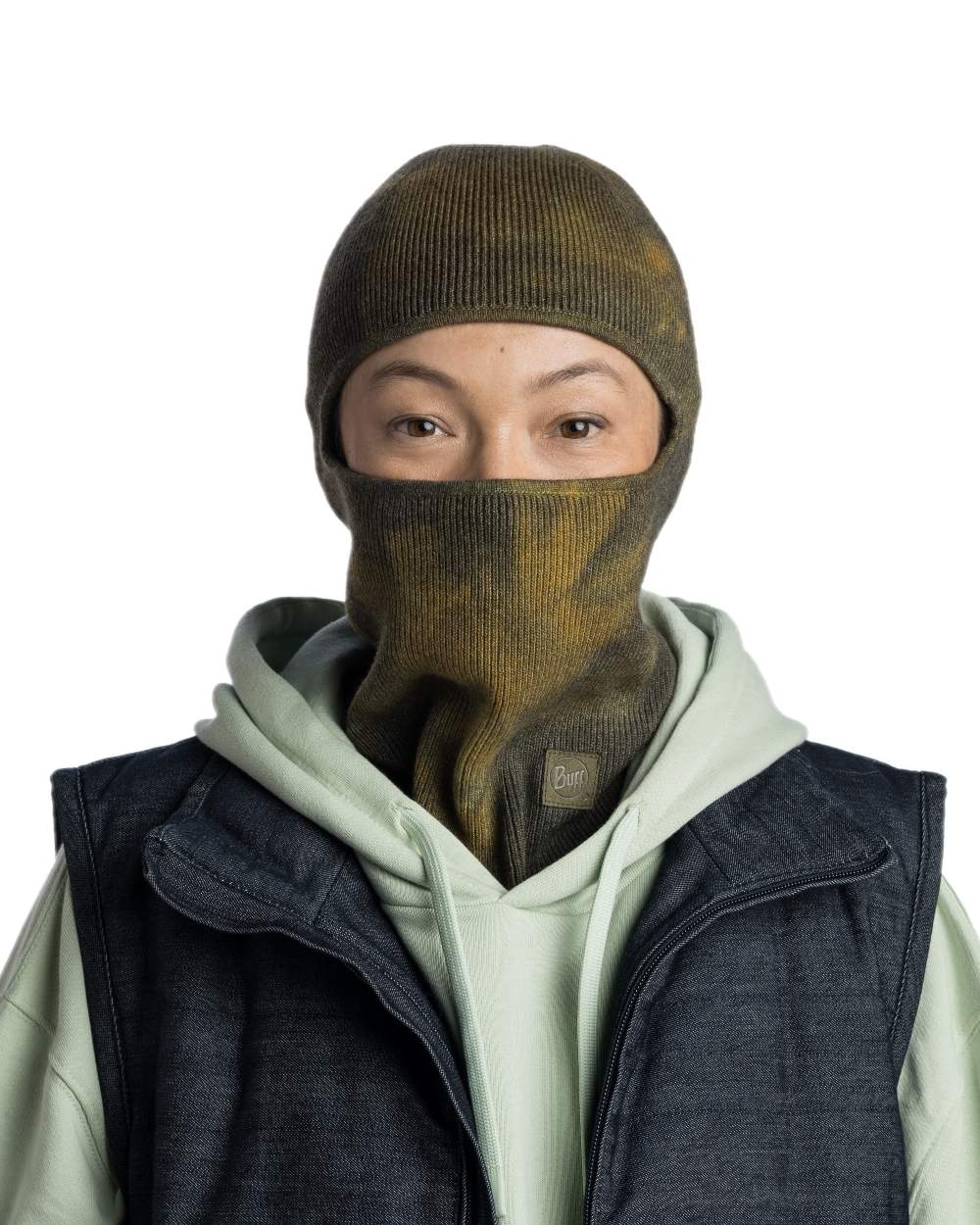 Khaki Coloured Buff Nilan Knitted Balaclava on white background 