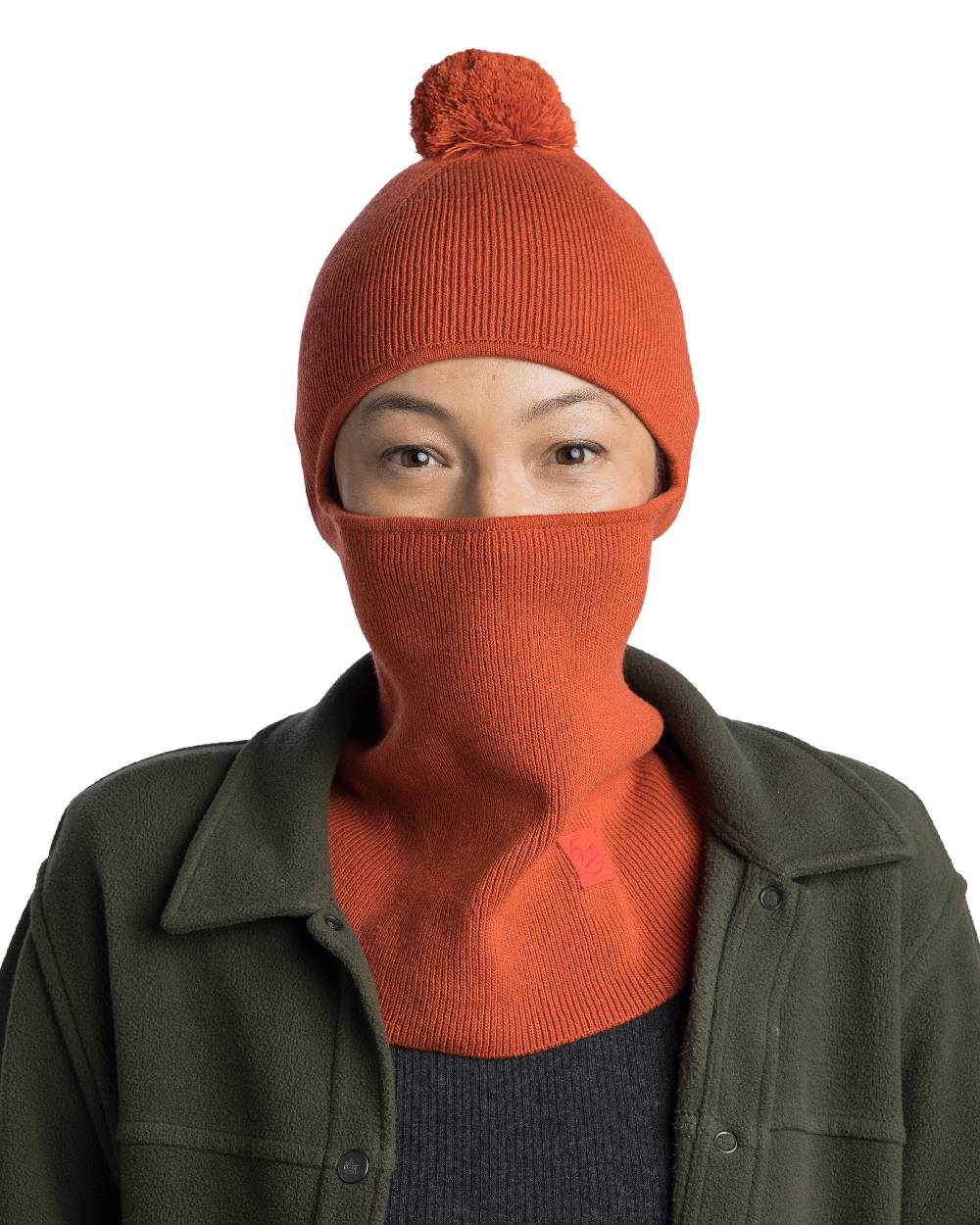 Orange Red Coloured Buff Nilan Knitted Balaclava on white background 