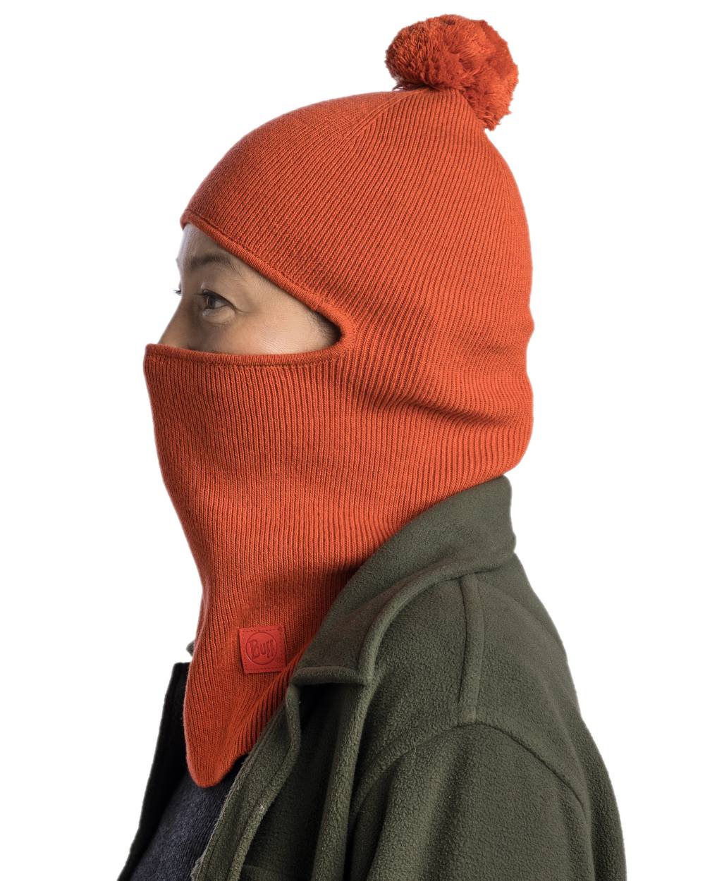 Orange Red Coloured Buff Nilan Knitted Balaclava on white background 