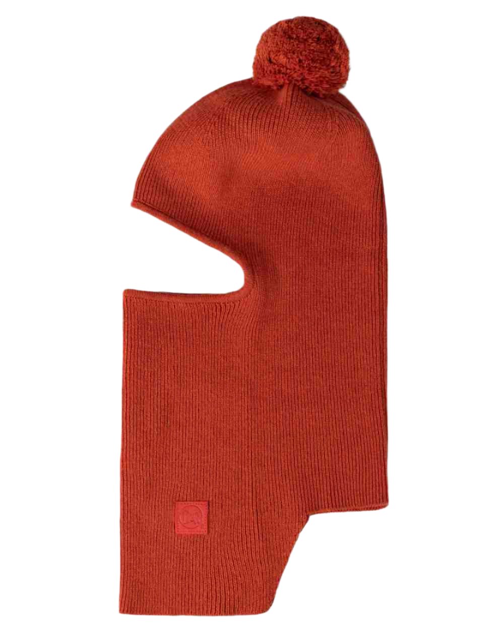 Orange Red Coloured Buff Nilan Knitted Balaclava on white background 