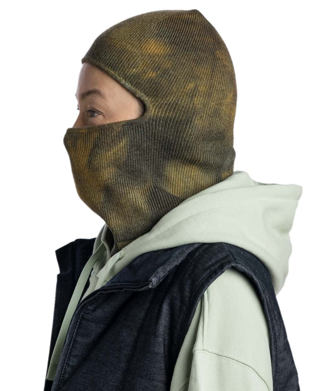 Khaki Coloured Buff Nilan Knitted Balaclava on white background 