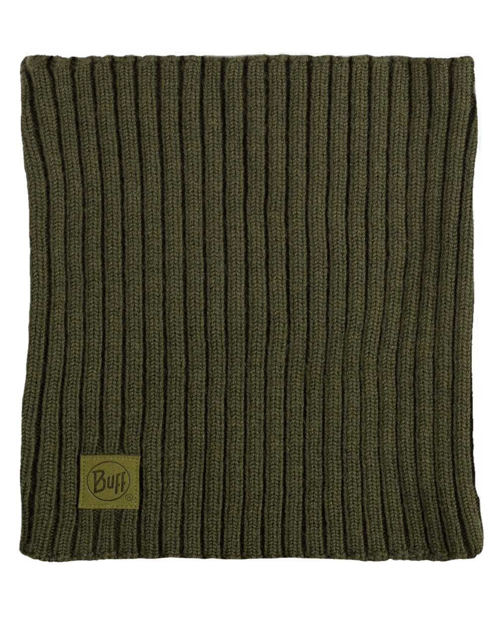 Forest coloured Buff Norval Merino Wool Knitted Neck Warmer on white background 