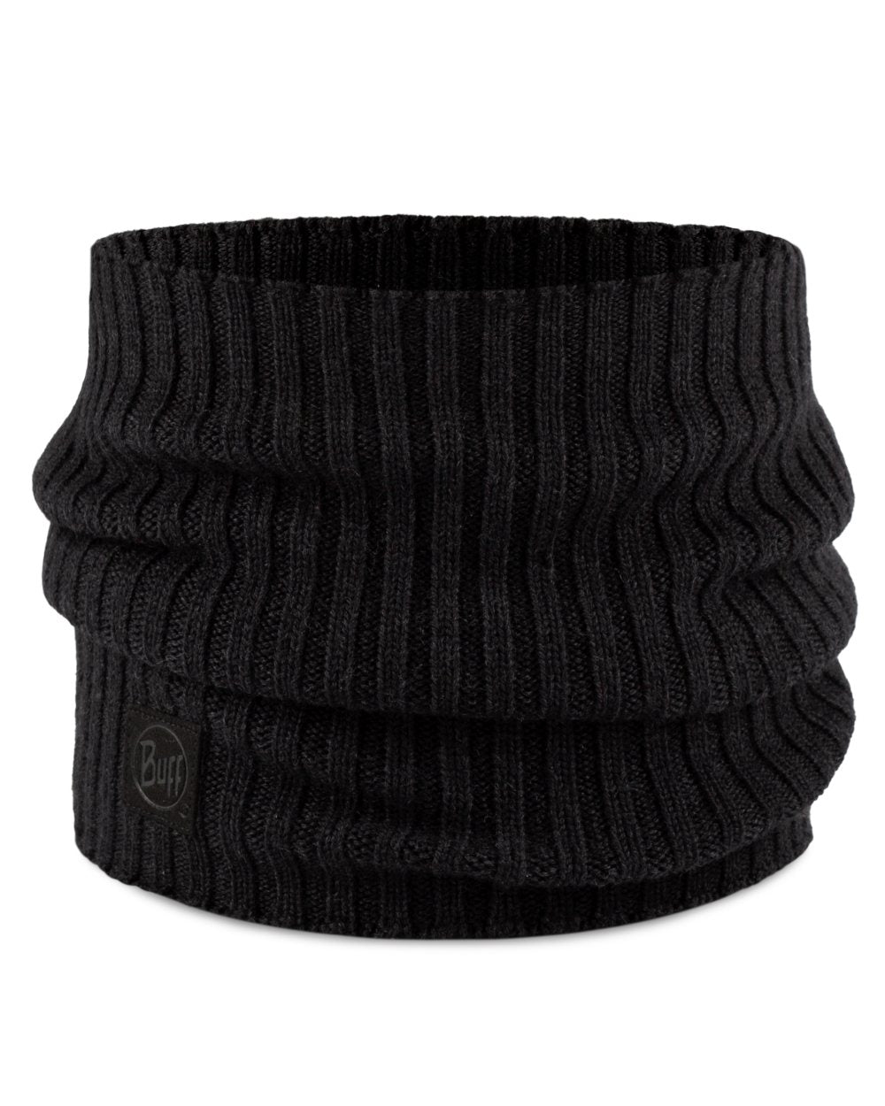 Graphite coloured Buff Norval Merino Wool Knitted Neck Warmer on white background 