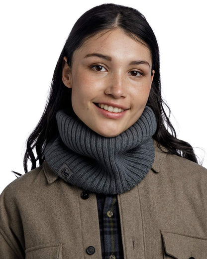 Grey coloured Buff Norval Merino Wool Knitted Neck Warmer on white background 