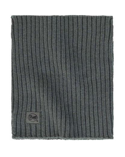 Grey coloured Buff Norval Merino Wool Knitted Neck Warmer on white background 