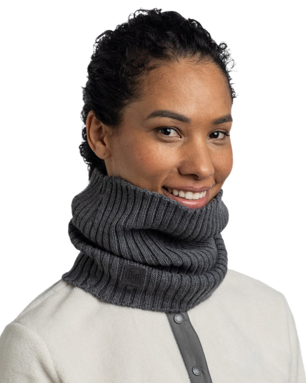 Heather Grey Coloured Buff Norval Merino Wool Knitted Neck Warmer on white background 